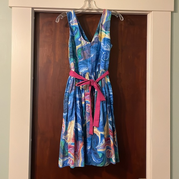 Ladies M Bea & Dot by ModCloth blue & multi colored dress with sash/belt - Picture 2 of 4
